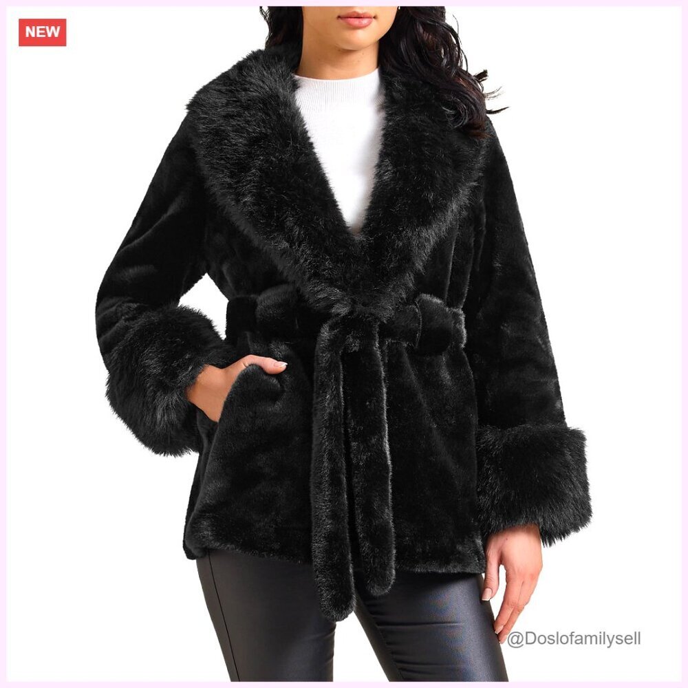 Faux Fur Winter Coat with Removable Belt and Pockets, Long Sleeve